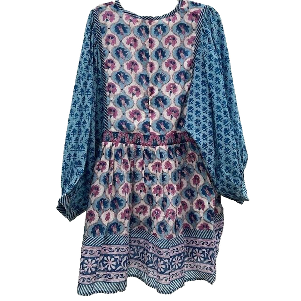 Oliphant Mini Dress Long Balloon Sleeves Tie Front Floral Fern‎ Blue Small NWT - Picture 5 of 12